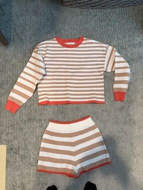 High Waist Striped Knit Shorts in Beige and White with Coral Trim